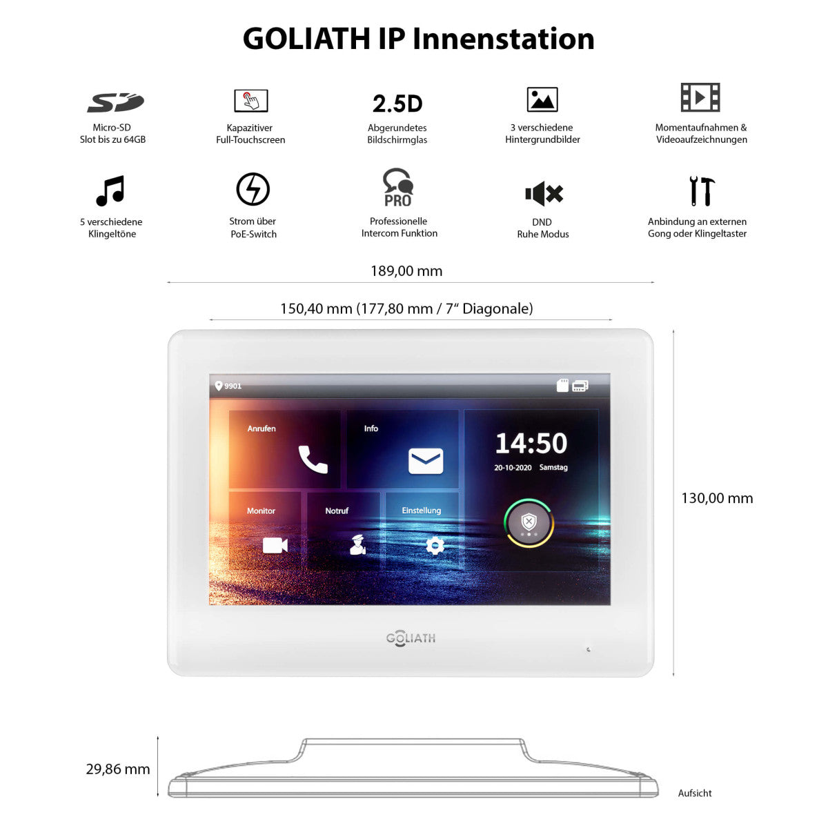 GOLIATH Hybrid IP Türsprechanlage - App - Silber - 1-Familienhaus - 7 Zoll - Unterputz - 180° Kamara