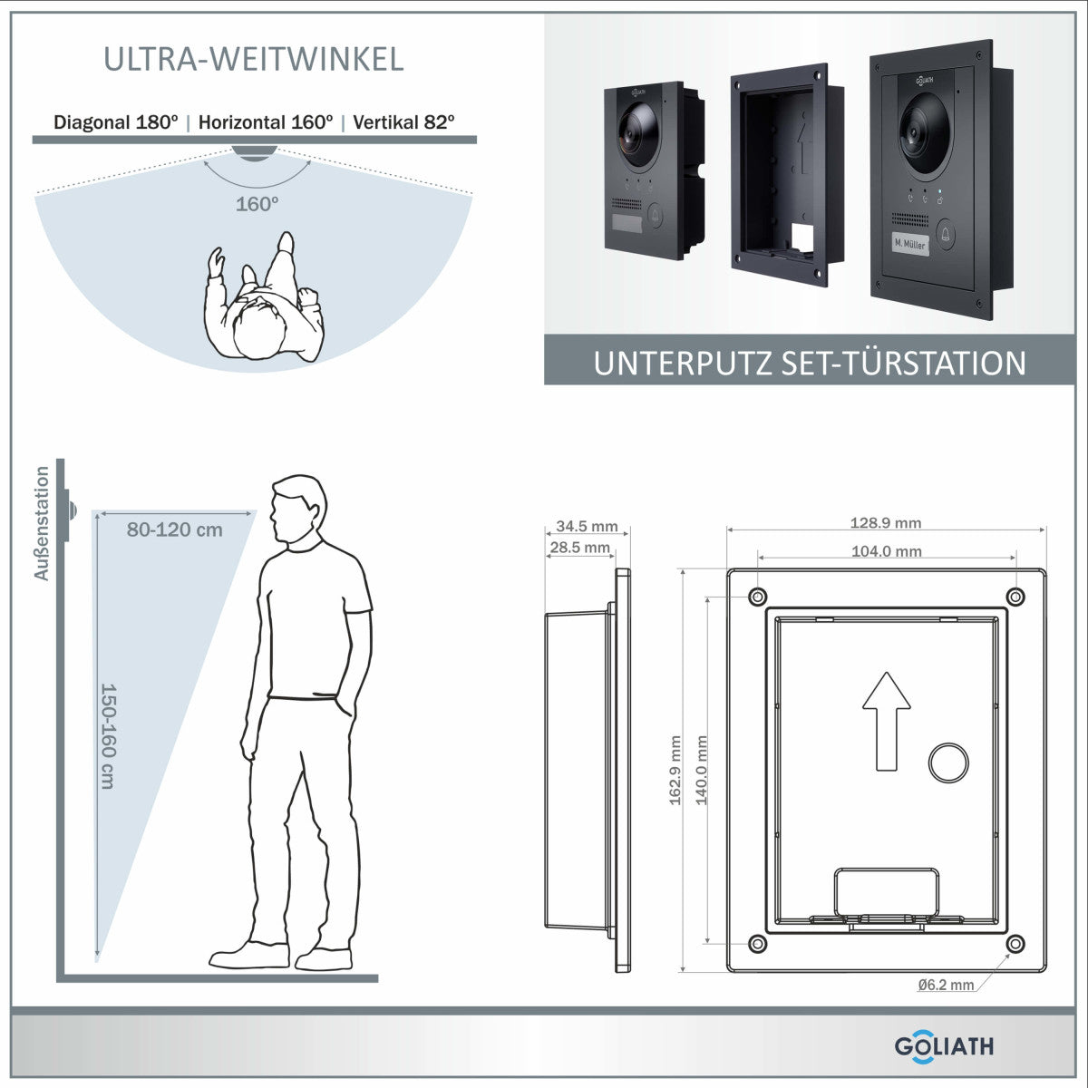 GOLIATH Hybrid IP Video Türsprechanlage - App - Anthrazit - 1-Familien - 7 Zoll - Unterputz - 180° Kamara