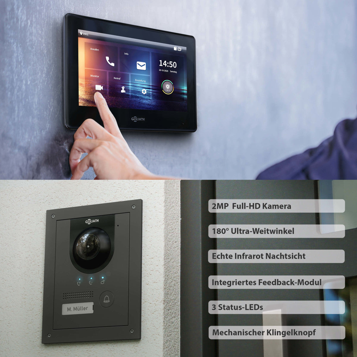 GOLIATH Hybrid IP Video Türsprechanlage - App - Anthrazit - 1-Familien - 7 Zoll - Unterputz - 180° Kamara