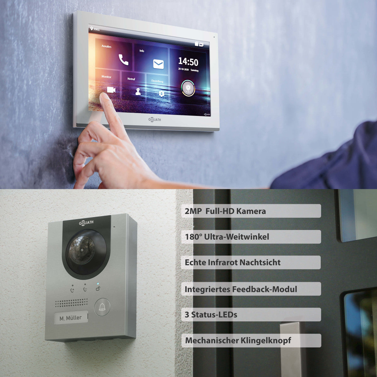 GOLIATH Hybrid IP Video Türsprechanlage - App - Silber - 1-Familie - 10 Zoll - Aufputz - 180° Kamera