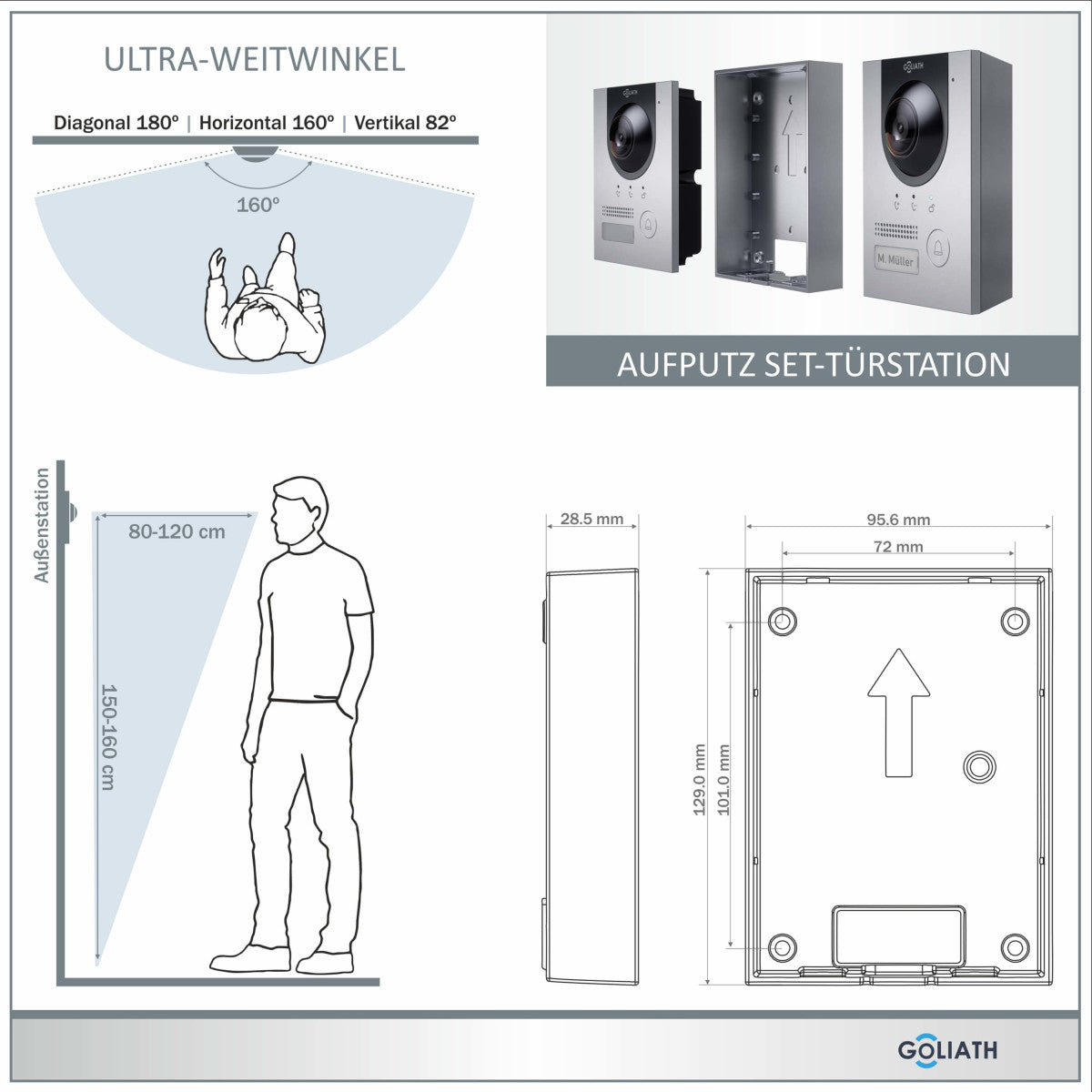 GOLIATH Hybrid IP Video Türsprechanlage - App - Silber - 1-Familie - 10 Zoll - Aufputz - 180° Kamara