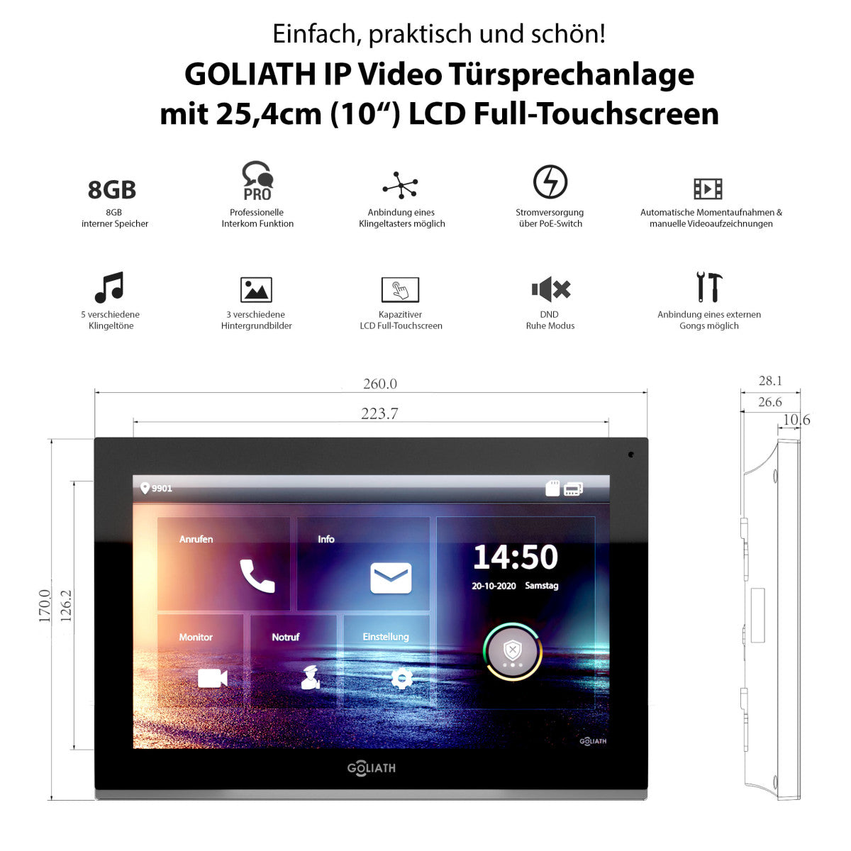 GOLIATH Hybrid IP Video Türsprechanlage - App - Silber - 1-Familie - 10 Zoll - Aufputz - 180° Kamara