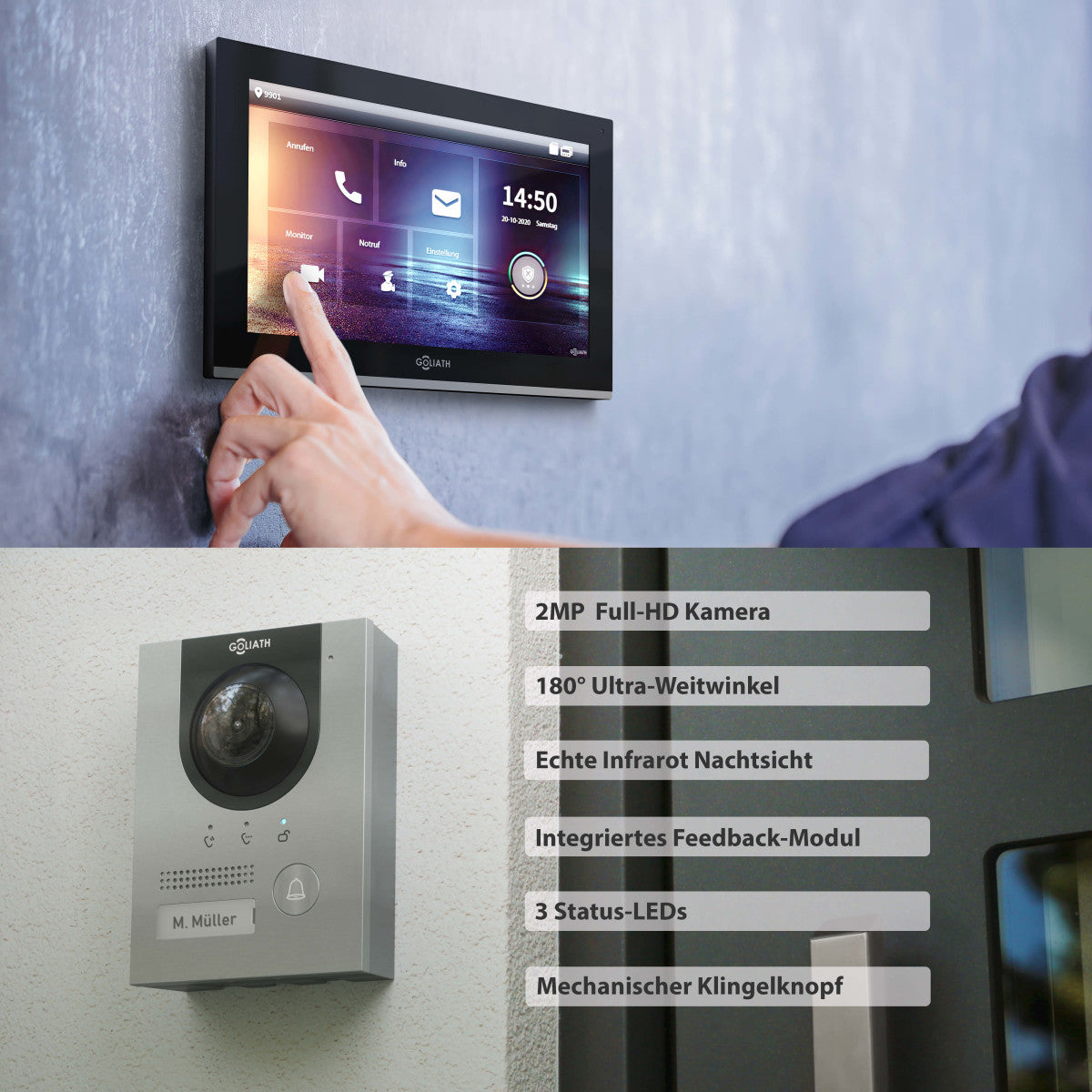 GOLIATH Hybrid IP Video Türsprechanlage - App - Silber - 1-Familie - 10 Zoll - Aufputz - 180° Kamara