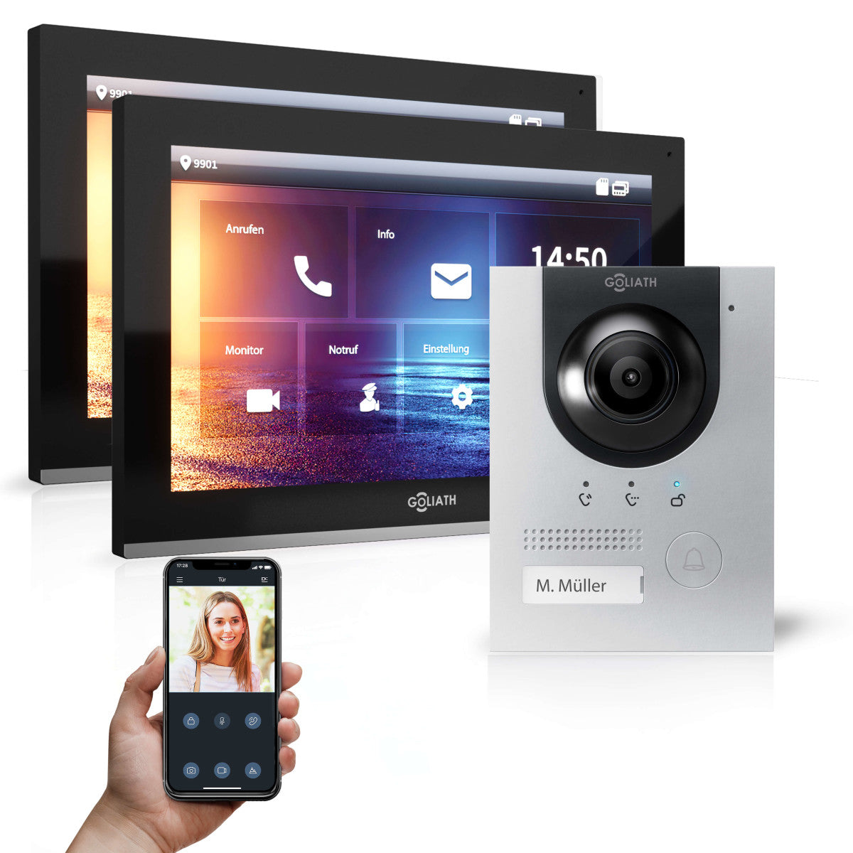 GOLIATH Hybrid IP Video Türsprechanlage - App - Silber - 1-Familien - 2x 10 Zoll - Unterputz - 180° Kamara