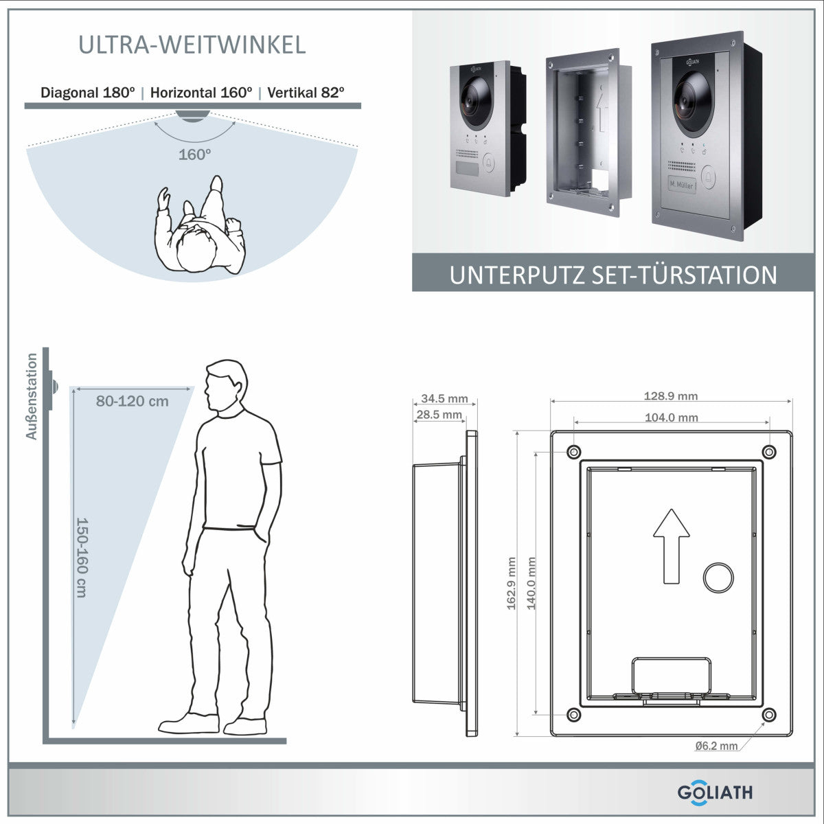 GOLIATH Hybrid IP Video Türsprechanlage - App - Silber - 1-Familien - 2x 10 Zoll - Unterputz - 180° Kamara