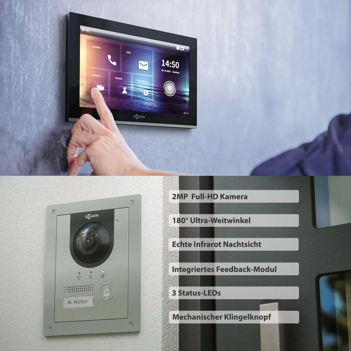 GOLIATH Hybrid IP Video Türsprechanlage - App - Silber - 1-Familien - 2x 10 Zoll - Unterputz - 180° Kamara
