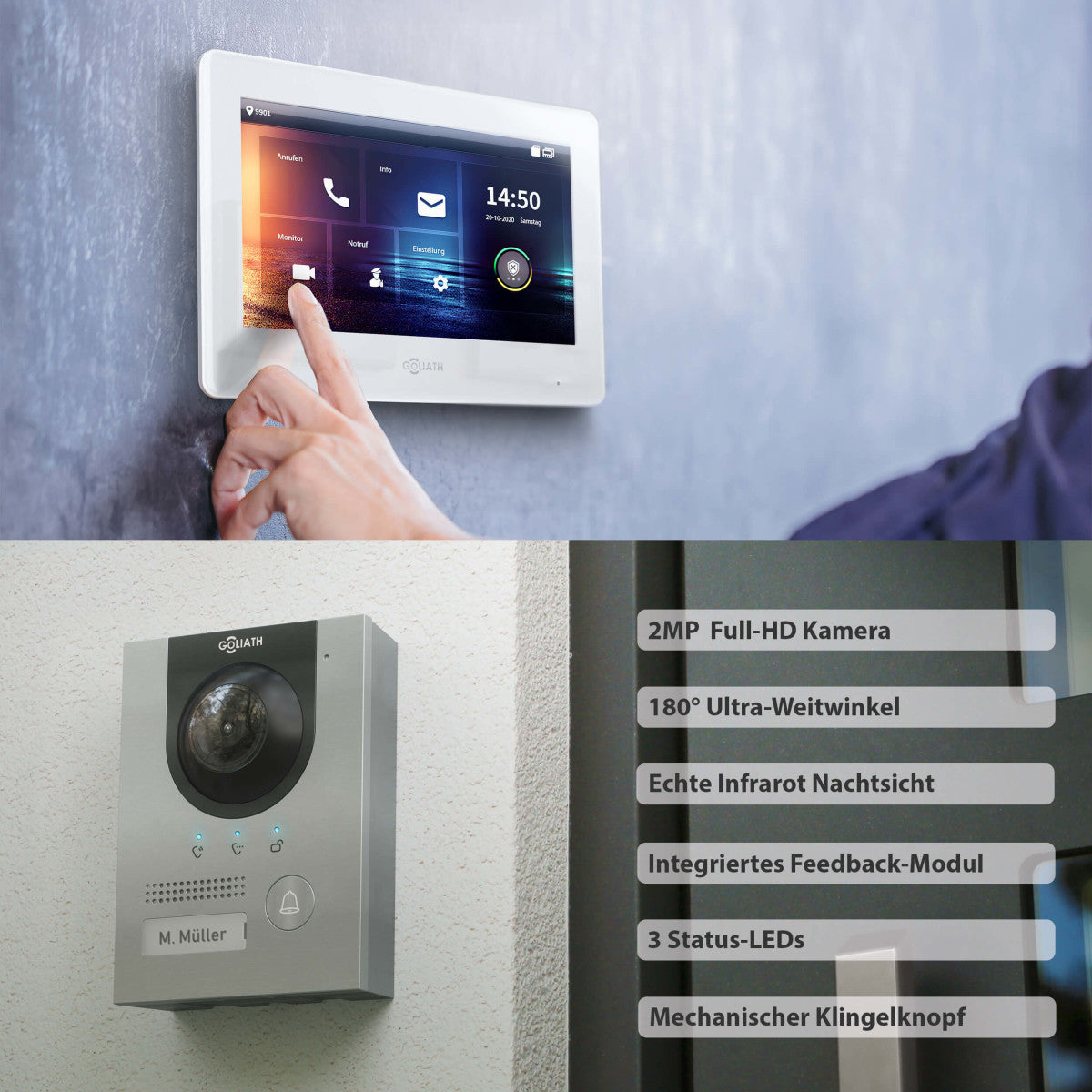 GOLIATH Hybrid IP Video Türsprechanlage - App - Silber - 1-Familienhaus - 7 Zoll - Aufputz - 180° Kamara