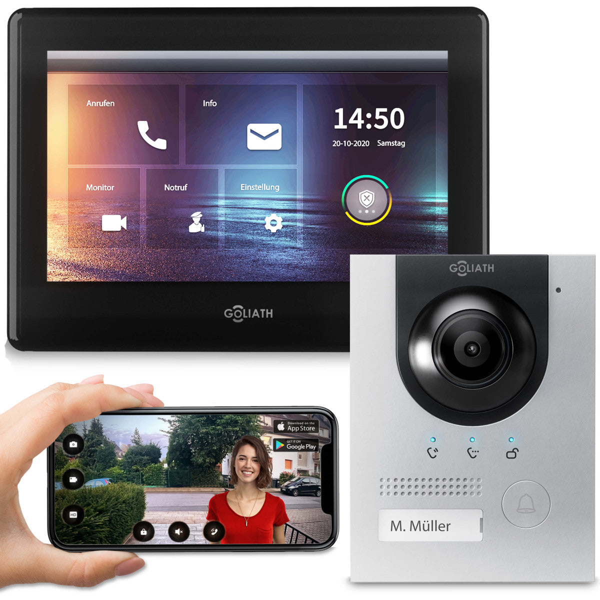 GOLIATH Hybrid IP Video Türsprechanlage - App - Silber - 1-Familienhaus - 7 Zoll - Unterputz - 180° Kamara
