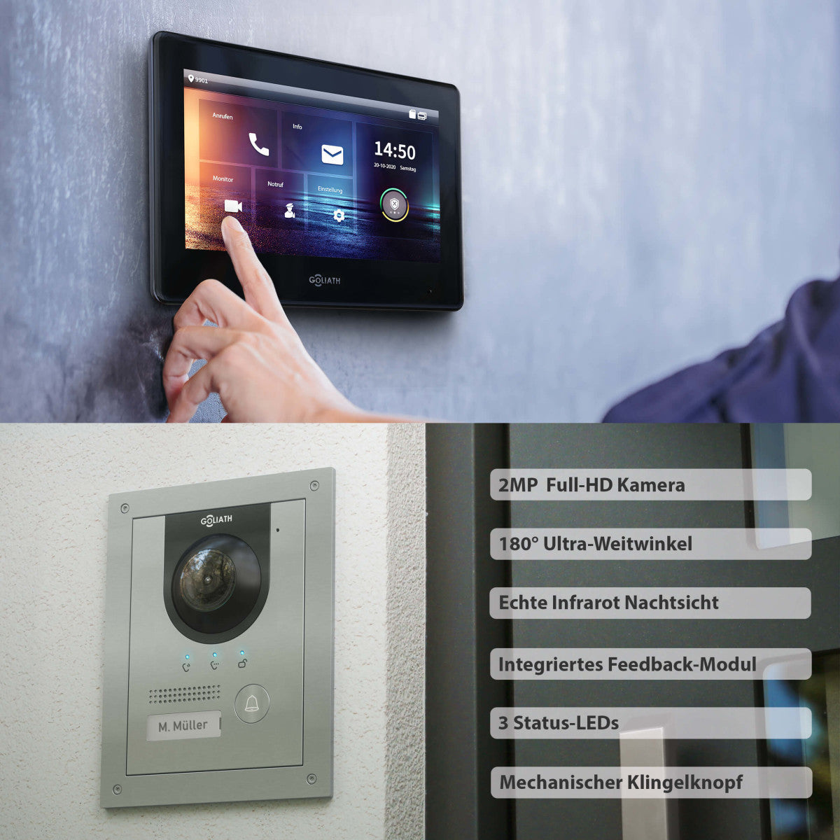 GOLIATH Hybrid IP Video Türsprechanlage - App - Silber - 1-Familienhaus - 7 Zoll - Unterputz - 180° Kamara