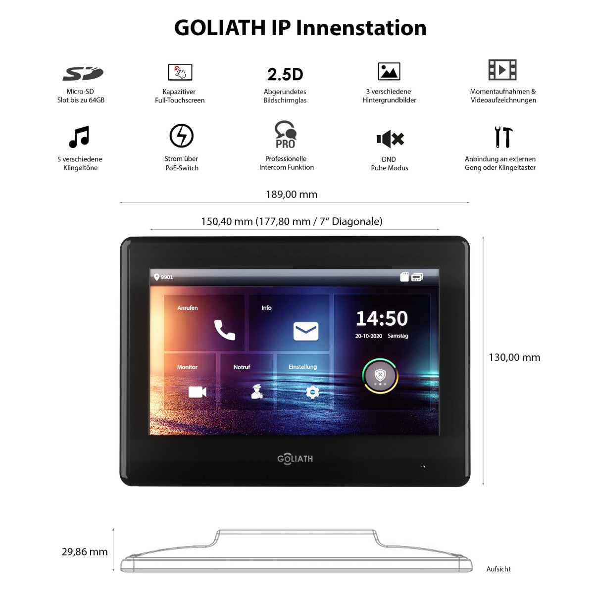 GOLIATH Hybrid IP Video Türsprechanlage - App - Silber - 1-Familie - 7 Zoll - Unterputz - 180° Kamara