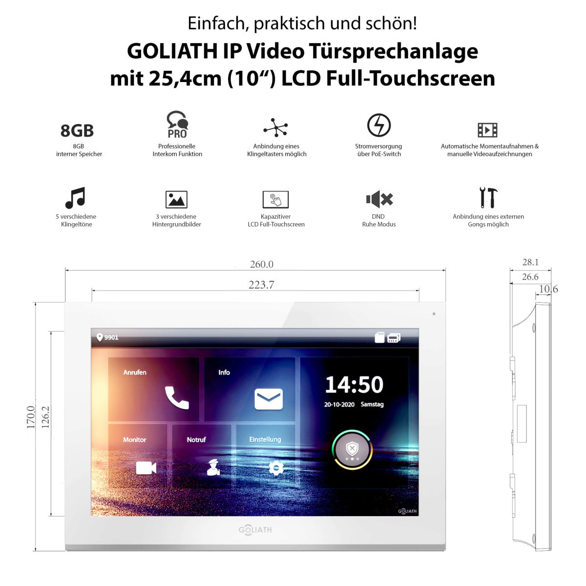 GOLIATH Hybrid IP Video Türsprechanlage - App - Silber - 1-Familienhaus - 10 Zoll - Aufputz - 180° Kamara