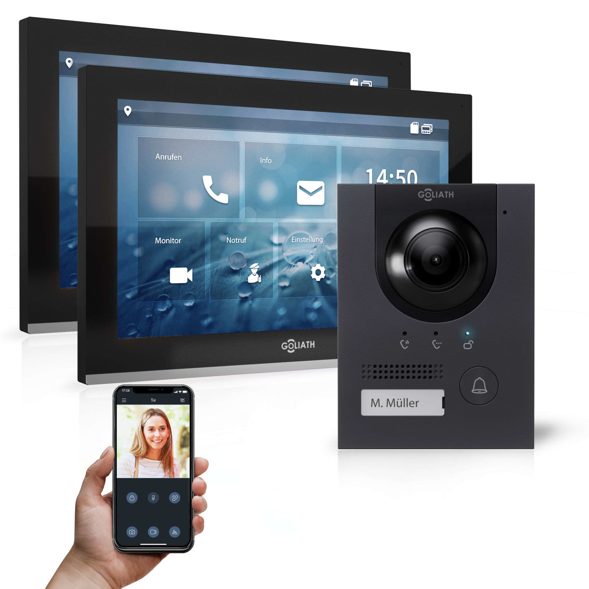GOLIATH Hybrid IP Videotürsprechanlage - App - Anthrazit - 1-Familie - 2x 10 Zoll - Unterputz - 180° Kamara