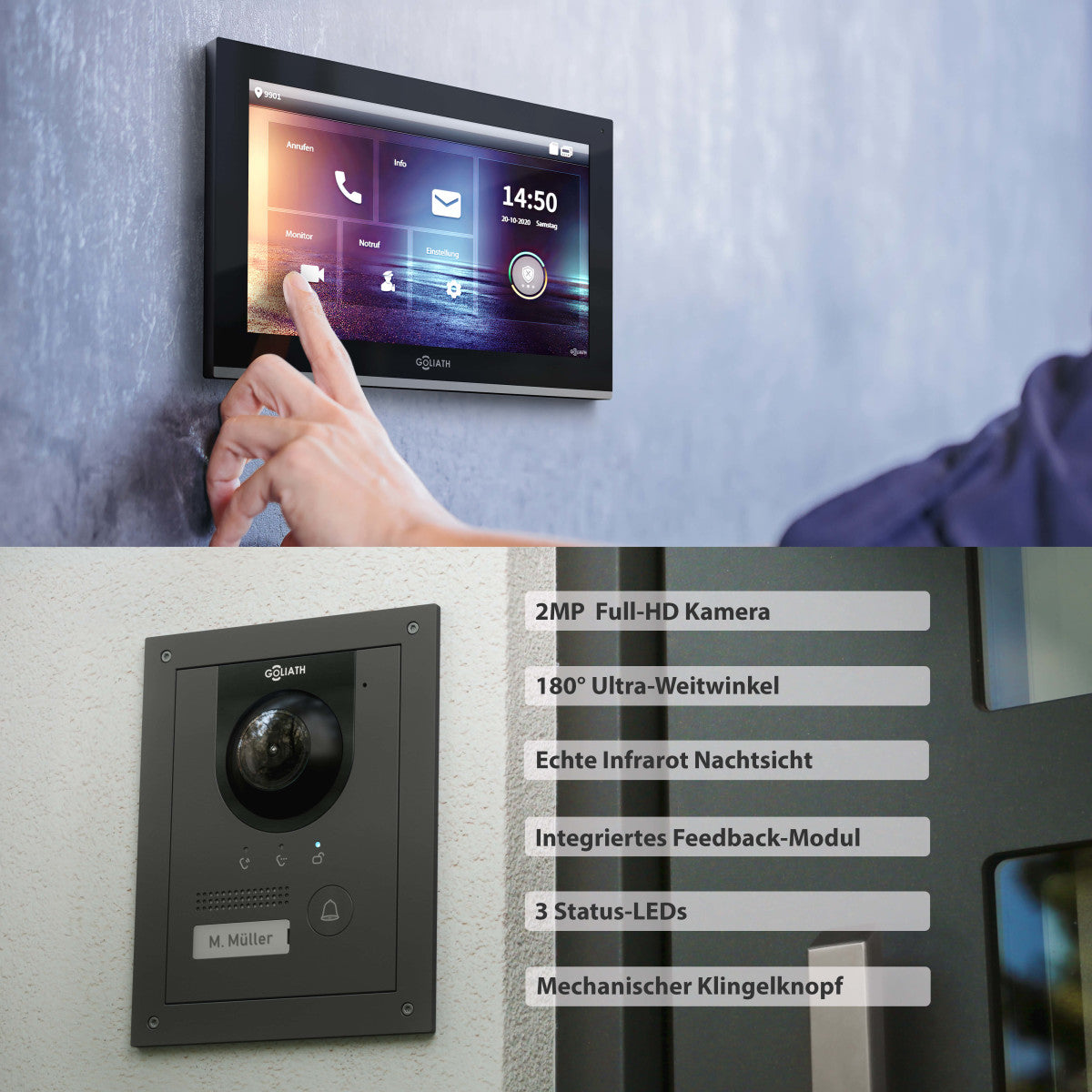GOLIATH Hybrid IP Videotürsprechanlage - App - Anthrazit - 1-Familie - 2x 10 Zoll - Unterputz - 180° Kamara