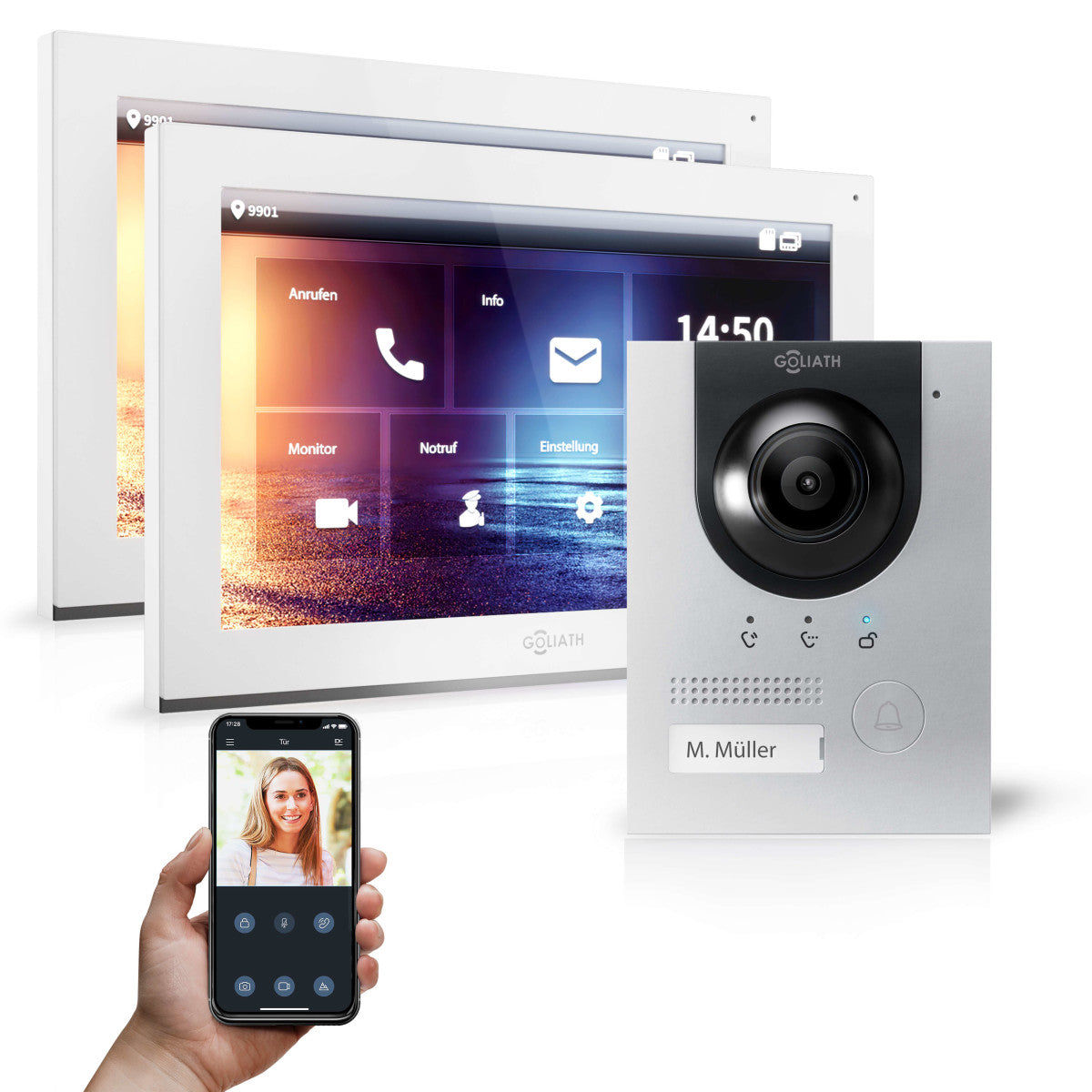 GOLIATH Hybrid IP Videotürsprechanlage - App - Silber - 1-Familienhaus - 2x 10 Zoll - Aufputz - 180° Kamara